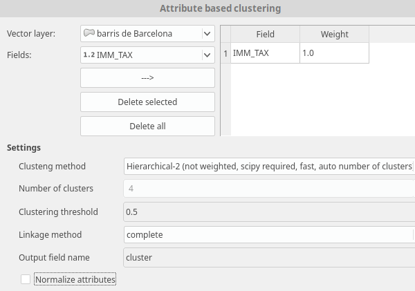 Ventana de la herramienta Attribute based cluster