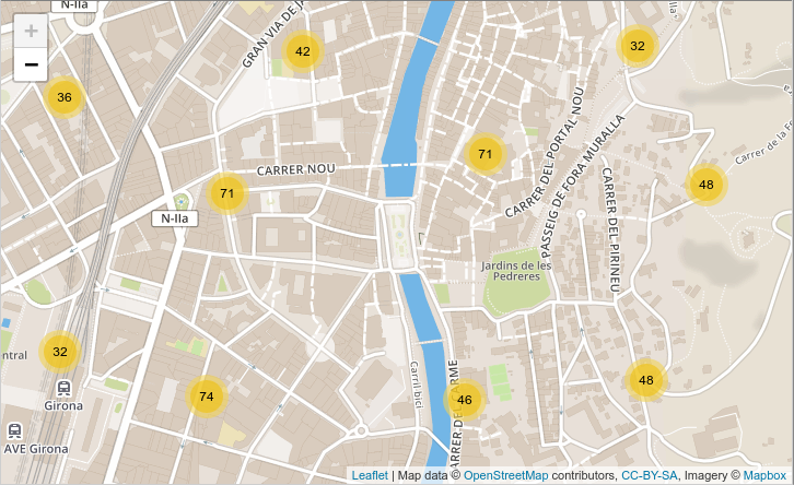 Clusters indicando el parámetro maxClusterRadius con valor 160. Fuente: elaboración propia.