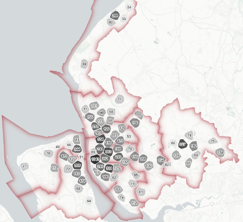 Mapa de clústeres de actos criminales en el condado de Meyerside, con Visualist