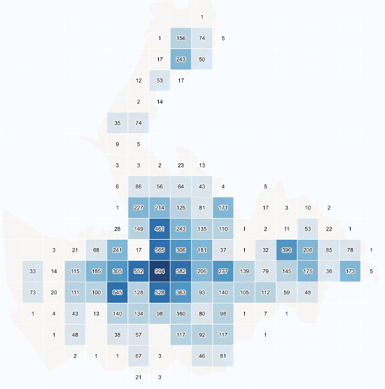 Malla regular mediante la cual se muestra la intensidad y la distribución territorial de los crímenes reportados por la policía del condado de Merseyside. Visualist.