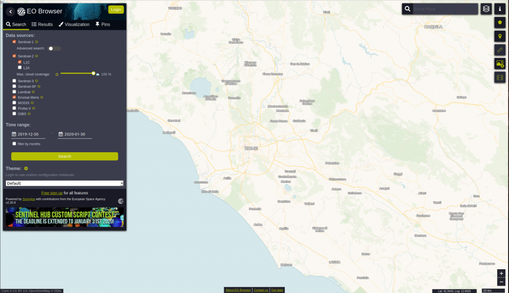 Aplicación EO Browser para la visualización de imágenes de satélite.