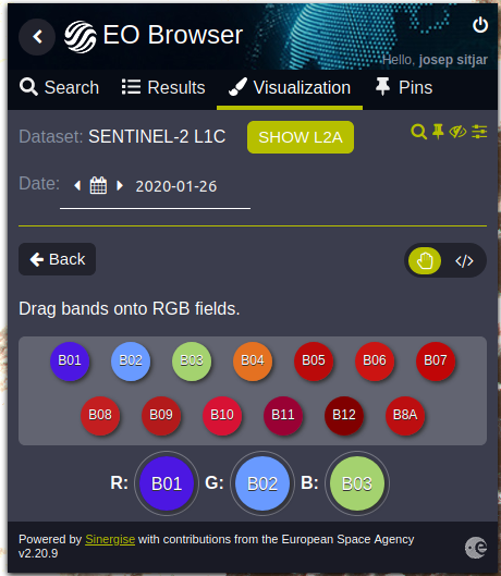 Interfície de EO Browser para personalizar combinaciones de bandas. 