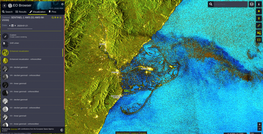 Imagen radar del sentinel 1 del 20 de enero de 2020 mientras el temporal Gloria estaba aún activo