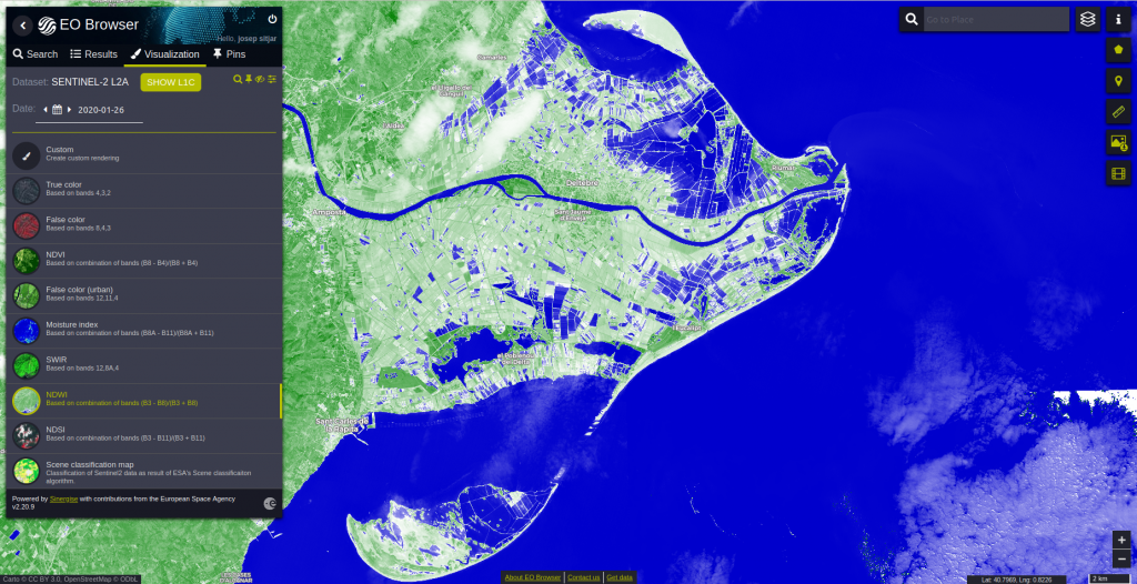 Visualización del índice NDWI sobre la imagen de satélite Sentinel 2