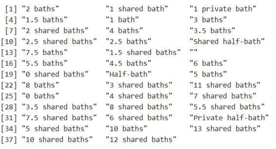 Valores únicos de bathrooms_text. Lectura, preprocesamiento y modelado con R.